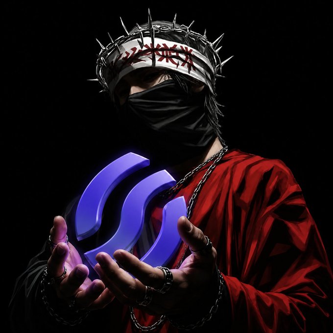 A dramatic artistic image of a figure in red robes wearing a black face mask and a crown of thorns with 'XRP' written on the headband, holding a glowing purple XRP logo symbol.