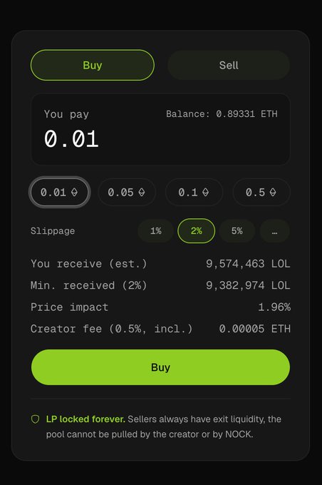 A dark-themed crypto trading interface showing a Buy panel where 0.01 ETH is exchanged for an estimated 9,574,463 LOL tokens, with 2% slippage, 1.96% price impact, and 0.00005 ETH creator fee.