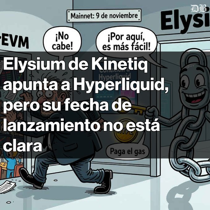 A cartoon image with Spanish text reading 'Elysium de Kinetiq apunta a Hyperliquid, pero su fecha de lanzamiento no está clara' depicting a man running from a giant chain link character.