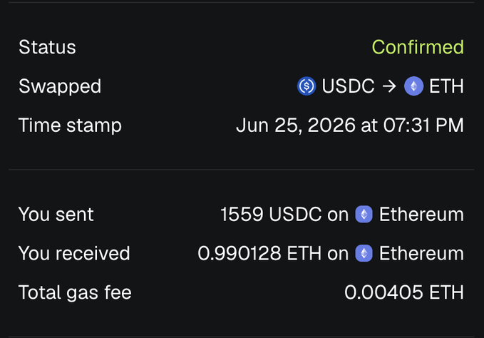 A confirmed crypto swap transaction showing 1559 USDC exchanged for 0.990128 ETH on the Ethereum network on June 25, 2026, with a gas fee of 0.000405 ETH. The image serves as proof of an ETH buy-back, supporting the poster's claim of repurchasing Ether and their pledge to buy 5 more ETH if it drops to $1,000.