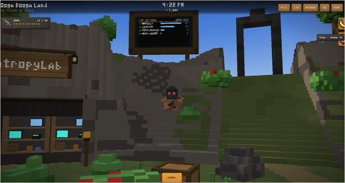 A voxel-style video game screenshot showing a character on 'trophy.lan' in a blocky 'Doggo Booga Land' environment with a cave entrance and green hills.