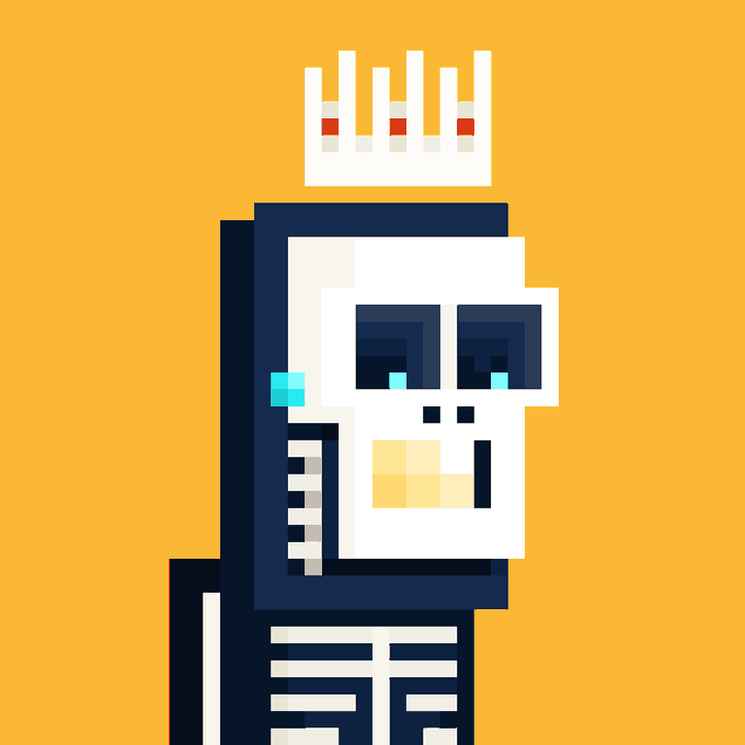 A pixel art illustration of a skull character with cyan tears, wearing a white crown and dark blue clothing, set against a solid yellow-orange background.