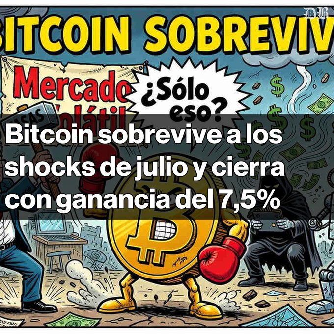 Spanish-language cryptocurrency news graphic showing a Bitcoin coin wearing boxing gloves with the headline 'BITCOIN SOBREVIVE' and text 'Mercado Volátil ¿Sólo eso?' along with 'Bitcoin sobrevive a los shocks de julio y cierra con ganancia del 7,5%' (FT logo visible).