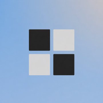 Minimalist graphic showing a 2x2 grid of black and white squares centered on a light blue gradient background.