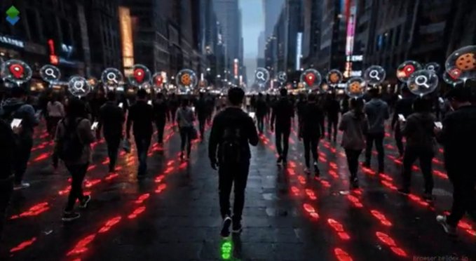 A futuristic city street scene showing crowds of people walking, with search/location pin icons floating above their heads and red footprints tracking across the pavement.