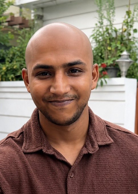 A close-up portrait of a bald man with a short beard wearing a brown textured polo shirt, smiling slightly with greenery and a white fence visible in the background.