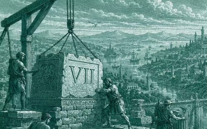 The image features a group of people working together to move a large stone slab or monument using a crane, with the number "7" prominently displayed. The scene takes place above a cityscape, which includes buildings and other structures that are part of the urban environment. The image also contains text that reads "7 years. 7 milestones. As XDC Network marks its 
7th anniversary. A thread". This suggests that the image is related to an event or project involving the XDC network, possibly commemorating a milestone in their growth and development over the past year.