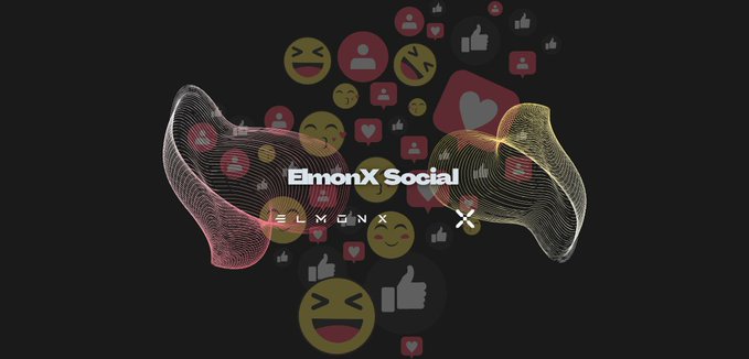 A promotional graphic for ElmonX Social featuring wave-like digital ribbons and floating social media reaction icons (thumbs up, hearts, laughing faces, and profile avatars) against a black background, with the text "ElmonX Social" prominently displayed—visually teasing the platform's upcoming social feed, profiles, and messaging features.