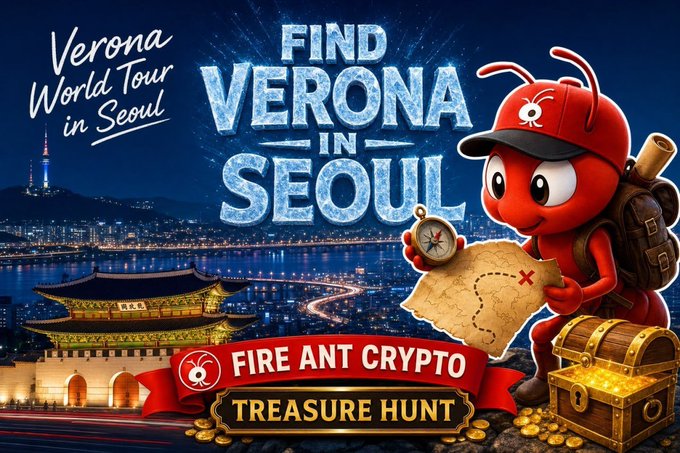 A promotional graphic for the "Fire Ant Crypto Treasure Hunt" featuring a red ant mascot with a backpack and compass exploring a treasure map, set against a nighttime Seoul skyline with Namsan Tower and a traditional Korean palace. The bold text reads "Find Verona in Seoul," "Verona World Tour in Seoul," and "FIRE ANT CRYPTO TREASURE HUNT," advertising a giveaway of 3 KBW (Korea Blockchain Week) boarding passes to the Verona booth, as mentioned in the accompanying post.