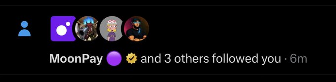 The image shows a screenshot of a message posted by @moonpay, which reads "MoonPay and 3 others followed you 6m". This message appears to be part of a larger conversation or discussion about the post. The focus should be on what is in the image and how it relates to the post.