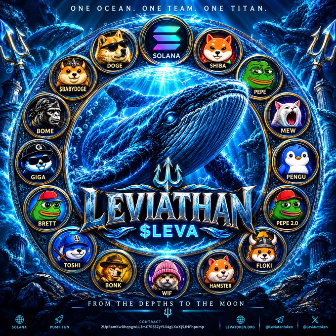 A promotional graphic for 'LEVIATHAN' ($LEVA) cryptocurrency on the Solana blockchain, featuring a blue whale surrounded by meme coin characters including DOGE, SHIBA, PEPE, and others.