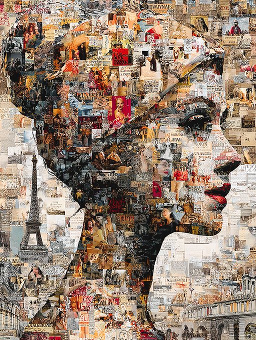 The image features a collage of various pictures, including a woman's face with red lipstick, a tower, and other images that create an artistic composition. The artwork is titled "A French Story" and has been shared on social media platforms. The post includes text that reads "Hey good evening !" and "Here is my amazing @objktcom #FrenchStory".
