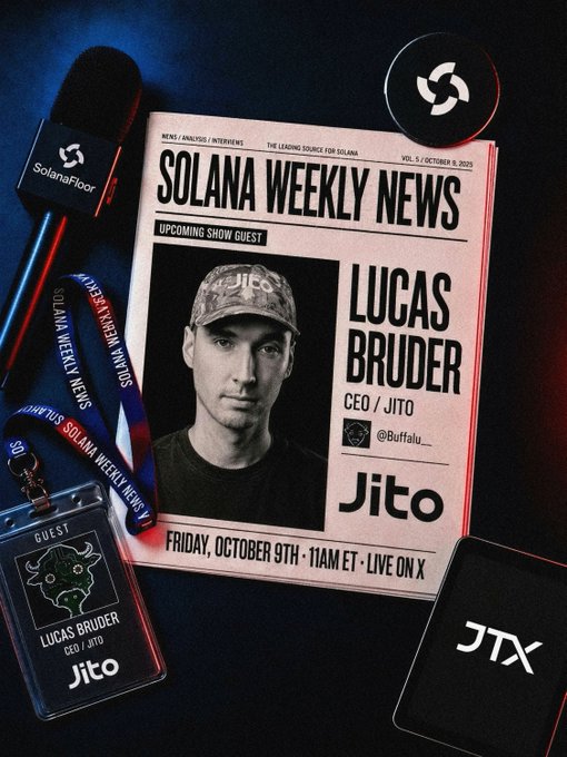 Promotional graphic for Solana Weekly News featuring upcoming guest Lucas Bruder, CEO of Jito (@buffalu__), with the show airing Friday, October 9th at 11AM ET, surrounded by branded items like a SolanaFloor microphone, JTX device, and guest lanyard.