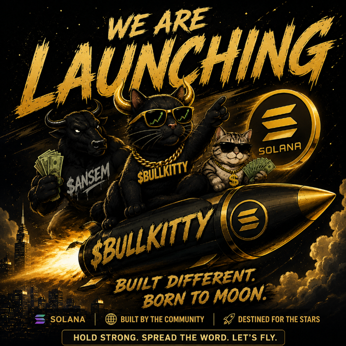 A promotional graphic for the "$BULLKITTY" token launch on Solana, featuring a stylized black cat in sunglasses riding a rocket alongside a bullish character, with text reading "WE ARE LAUNCHING," "BUILT DIFFERENT. BORN TO MOON," and "HOLD STRONG. SPREAD THE WORD. LET'S FLY." The bold, hype-driven imagery of a rocket and bullish mascot visually reinforces the post's message about an upcoming airdrop for the first 500 addresses and the community-driven, "to the moon" launch narrative.
