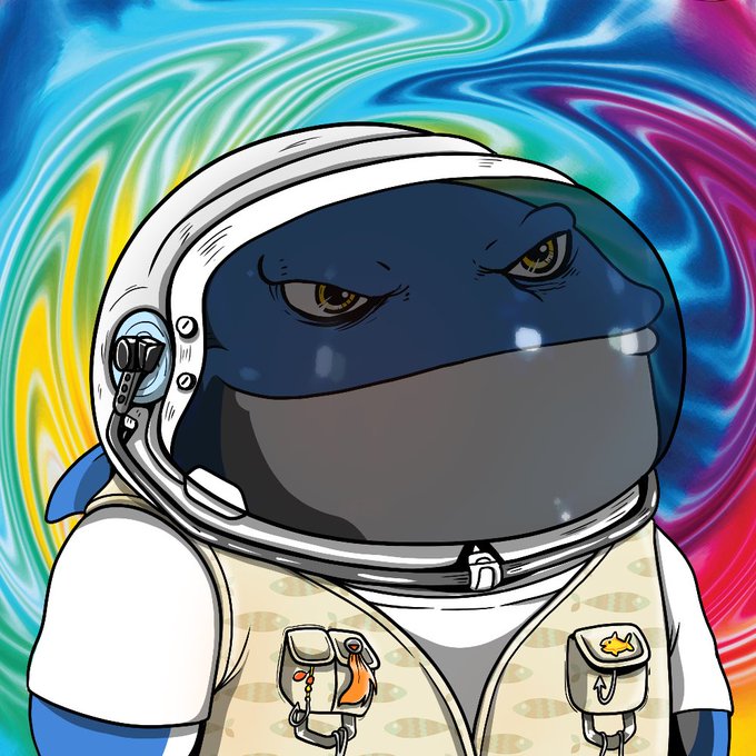 A digital illustration of a cartoon blue shark wearing a white astronaut helmet and a beige vest with pockets, set against a vibrant, swirling psychedelic background of rainbow colors.