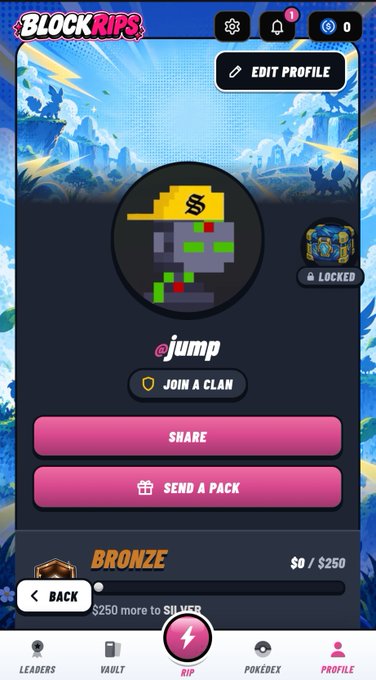 A mobile app profile screen titled "BLOCK RIPS" shows a pixelated avatar, the username "@jump", and various options like "JOIN A CLAN", "SHARE", and "SEND A PACK".