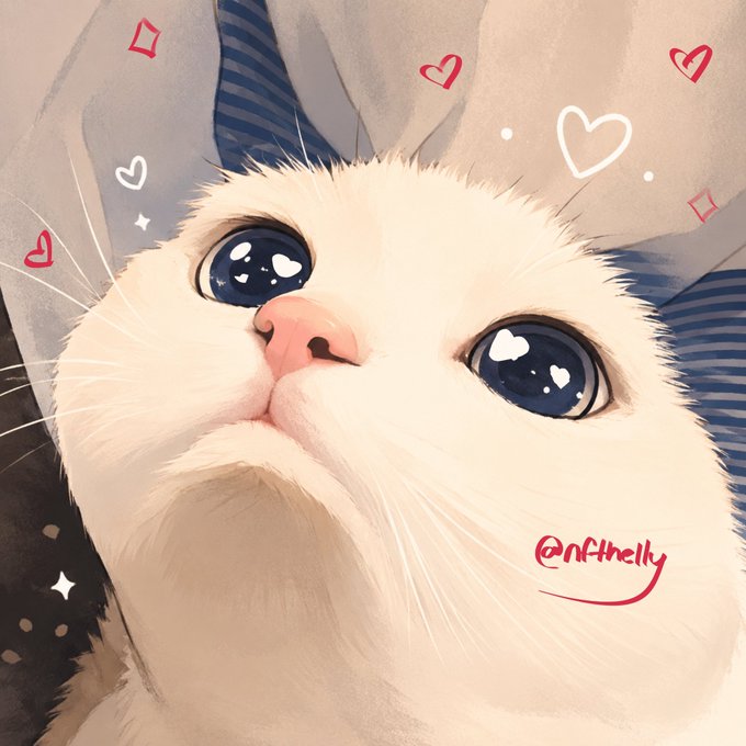 A digital illustration of an adorable white cat with large, sparkling dark eyes and a pink nose, surrounded by cute heart doodles, with the artist's signature "@nftthely" visible. The artwork ties into the post's theme of featuring cat artwork on the NFT platform, showcasing one of the charming cat characters available on the exchange.