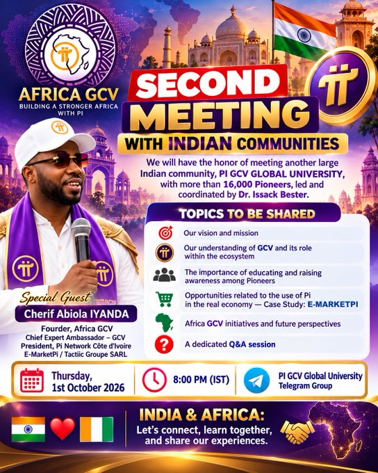 A promotional flyer for a 'SECOND MEETING WITH INDIAN COMMUNITIES' hosted by Africa GCV on Thursday, 1st October 2026 at 8:00 PM IST, featuring special guest Cherif Abiola IYANDA and listing topics like Pi Network vision and E-MarketPi.