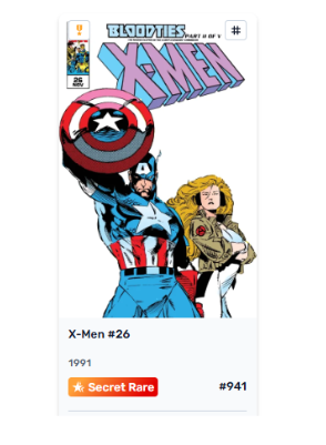 A digital card or comic book cover for 'X-Men #26' from 1991, featuring Captain America, marked as 'Secret Rare' with the number #941.