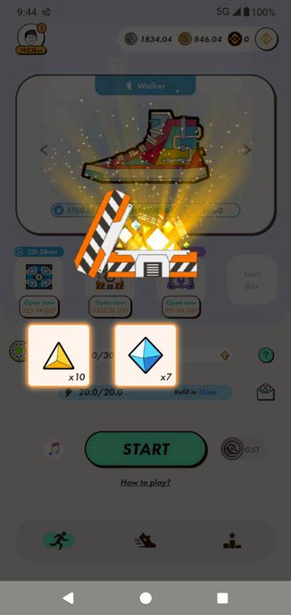 A mobile game screen showing a sneaker NFT collection with an opening animation, displaying in-game currency stats and a START button at the bottom.