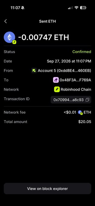 The image shows a confirmed Ethereum transaction on Robinhood Chain for -0.00747 ETH ($20.05) sent from Account 5 to address 0x48F3A...F769A on September 27, 2026. The accompanying post announcing "$GARRI delivered" suggests this transaction represents the on-chain delivery/send of the $GARRI token.