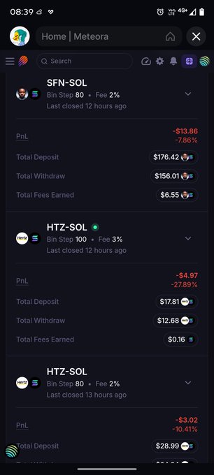 The image shows a "Meteora" trading dashboard displaying multiple losing positions, including SFN-SOL (-7.86%), HTZ-SOL (-27.89%), and another HTZ-SOL position, illustrating the cumulative financial damage from revenge trading as cautioned in the post.