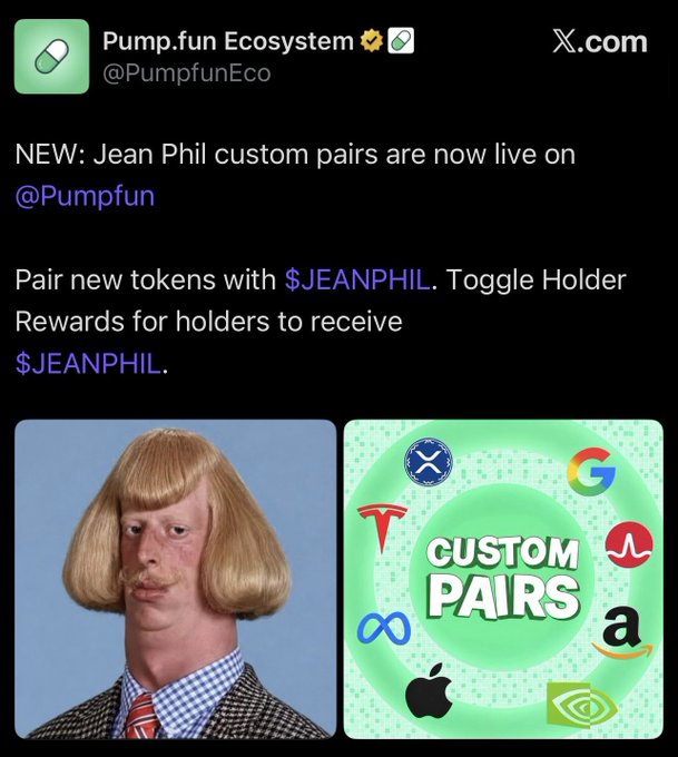 A screenshot of a tweet from @PumpfunEco announcing "Jean Phil custom pairs are now live on @Pumpfun," featuring an image of a man with a distinctive bowl haircut alongside a "Custom Pairs" graphic surrounded by tech company logos. The accompanying caption humorously suggests this absurd parody-style promotion signals pumpfun's decline, mocking the bizarre branding choice and questionable partnership.