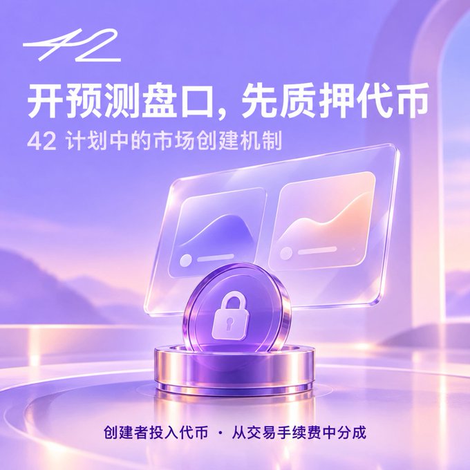 A promotional graphic for "42 计划" featuring Chinese text about opening prediction markets and pledging tokens, displaying a coin with a padlock symbol on a pedestal.