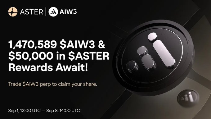 Promotional banner for ASTER and AIW3 offering 1,470,589 $AIW3 and $50,000 in $ASTER rewards for trading $AIW3 perp from September 1-8.