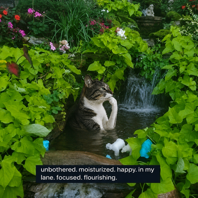 A tabby and white cat sits contentedly in a lush garden pond beside a small waterfall, surrounded by greenery and floating toys. The caption reads, "unbothered. moisturized. happy. in my lane. focused. flourishing."—a whimsical reminder to stay calm and content, fitting the "just stack hmm and chill" vibe of simply relaxing and thriving in the moment.