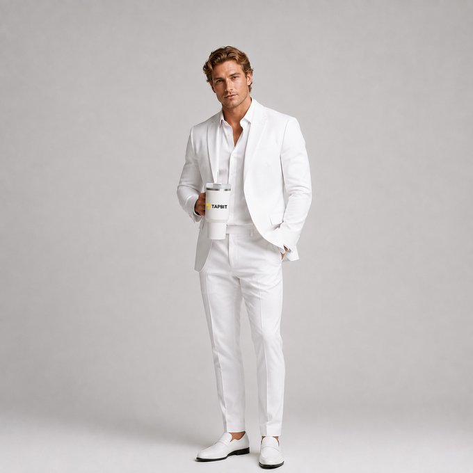 A man in an all-white suit posing against a gray background while holding a white tumbler labeled 'TAPOUT'.