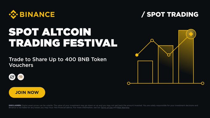 The image shows a black banner with white text that features an image of a bar chart, likely used for data visualization purposes related to trading strategies or market trends within the cryptocurrency world. The image displays a number of points above it and below it showing various symbols and lines representing potential gains from trading spot altcoins like Binance Spots. In the top left corner of the banner, there's a button that says "join now". This suggests that viewers can participate in this activity immediately if they choose to engage with the content on this website or social media platform. The text above the image states "Binance SPOT ALTCOIN Get $2 - $100 USDC All users eligible Event: binance.com/activity/tradi" which seems to emphasize that anyone who participates in this activity will be awarded a 2-for-1 trading opportunity and a 20% commission on any profits gained from trading these spot altcoins.