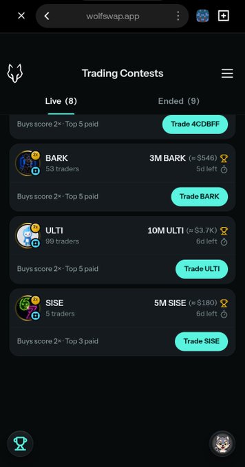 A mobile screenshot from wolfswap.app showing a 'Trading Contests' page with live and ended contests for tokens including BARK, ULTI, and SISE.