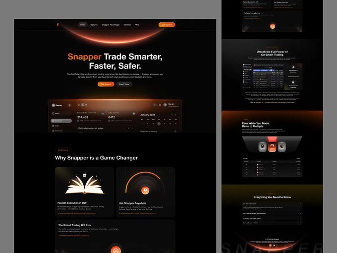 A dark-themed website mockup for 'Snapper' with the tagline 'Trade Smarter, Faster, Safer,' showcasing a trading dashboard interface and features like 'Fastest Execution in DeFi.'