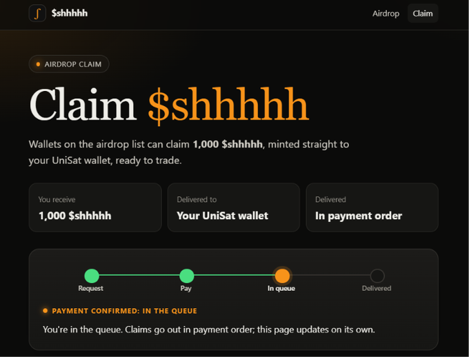A screenshot of a crypto airdrop claim page titled 'Claim $hhhhh' showing '1,000 $hhhhh' to be delivered to a UniSat wallet, with status 'PAYMENT CONFIRMED: IN THE QUEUE'.