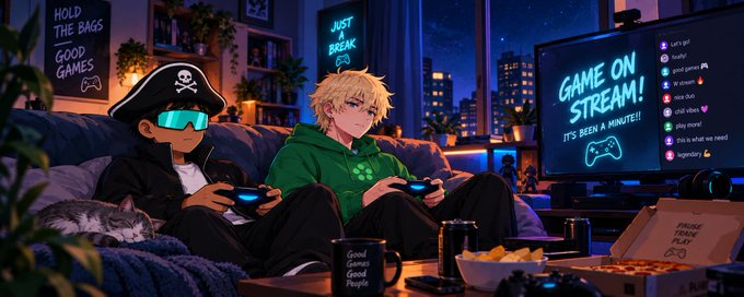An anime-style illustration shows two characters playing video games on a couch at night, with one wearing a pirate hat and VR headset, and a TV screen displaying 'GAME ON STREAM! IT'S BEEN A MINUTE!' alongside a chat sidebar and neon signs reading 'HOLD THE BAGS GOOD GAMES' and 'JUST A BREAK'.