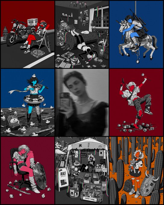 A collage of nine square illustrations in red, blue, black, and grey, depicting various stylized characters in scenes like a bedroom, riding a carousel horse, and a selfie, surrounded by small duck figures.