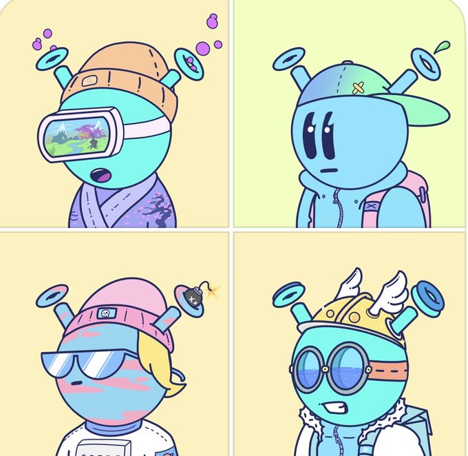 Four cartoon alien characters with antennas and hats are shown in a grid: one wearing a VR headset and kimono, another in a blue hoodie with a baseball cap, a third with sunglasses and a bomb, and the fourth with round goggles and a winged helmet.