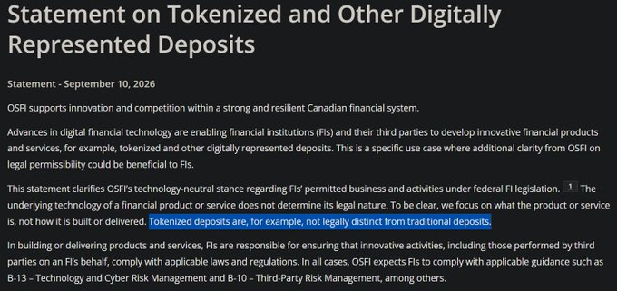 A statement titled "Statement on Tokenized and Other Digitally Represented Deposits" dated September 10, 2026, from OSFI, with the phrase "Tokenized deposits are, for example, not legally distinct from traditional deposits." highlighted in blue.