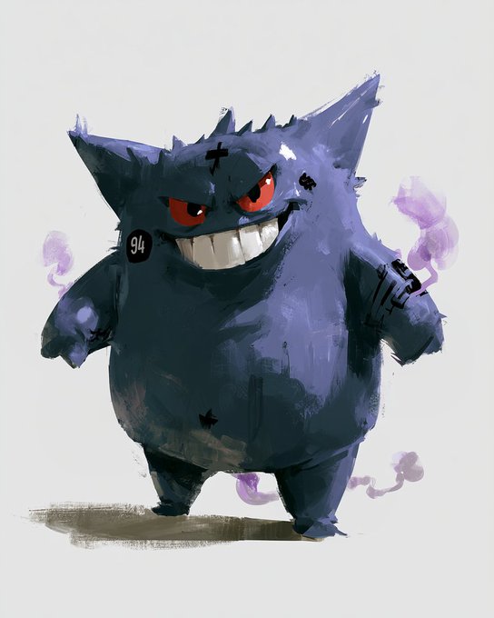!!!!!!GANG!!!, a cartoon character with red eyes and a black nose, stands against a white background, holding a purple pipe.