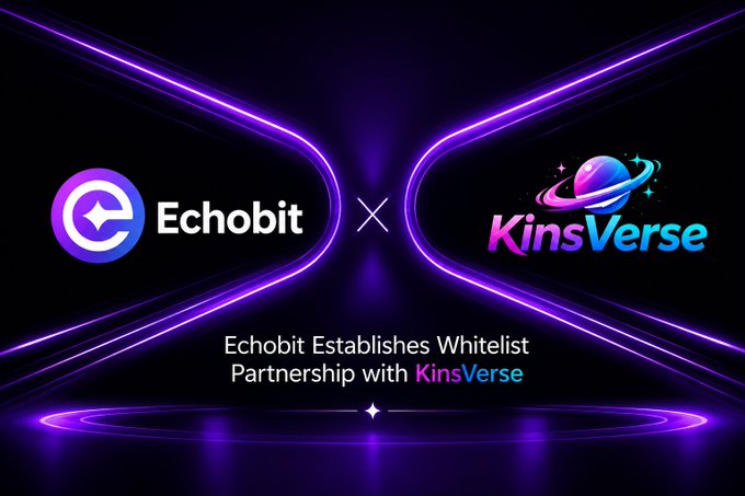 A promotional graphic announces the partnership between Echobit and KinsVerse, featuring their logos separated by an "X" against a glowing purple cosmic background. The text reads "Echobit Establishes Whitelist Partnership with KinsVerse," visually reinforcing the collaboration announcement highlighted in the post.