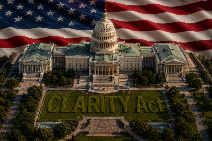 A view of the U.S. Capitol building with an American flag waving behind it, while the words 'CLARITY Act' are spelled out in shrubbery on the front lawn.