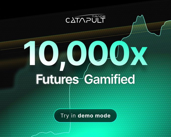A promotional banner for Trade Catapult's "Futures Gamified" platform, featuring bold "10,000x" leverage text over a green financial chart background, with a call-to-action button inviting users to "Try in demo mode"—aligning with the post's announcement of free paper trading competitions with $1,500 daily prizes in $PULT.