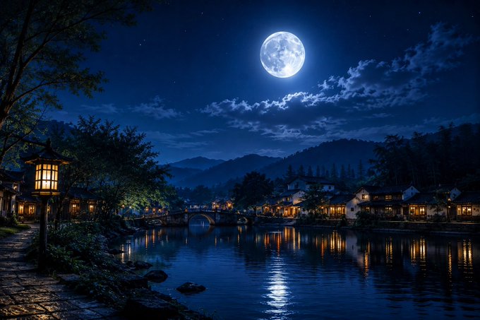 A serene nighttime illustration of a moonlit village along a calm river, featuring a glowing stone lantern on a stone path, a small arched bridge, traditional Asian-style buildings with warm lights, and a large full moon illuminating the scene.