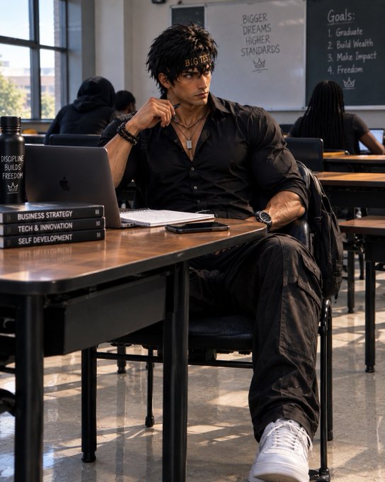 A stylish young man sits in a classroom next to a laptop, with books labeled 'Business Strategy,' 'Tech & Innovation,' and 'Self Development,' while a whiteboard behind him lists goals: 'Graduate, Build Wealth, Make Impact, Freedom.'
