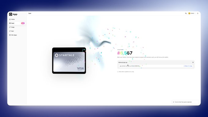 A screenshot of a 'STARTALE' Visa card app interface, showing a stylized credit card design and a referral code '#VG67' for signing up.