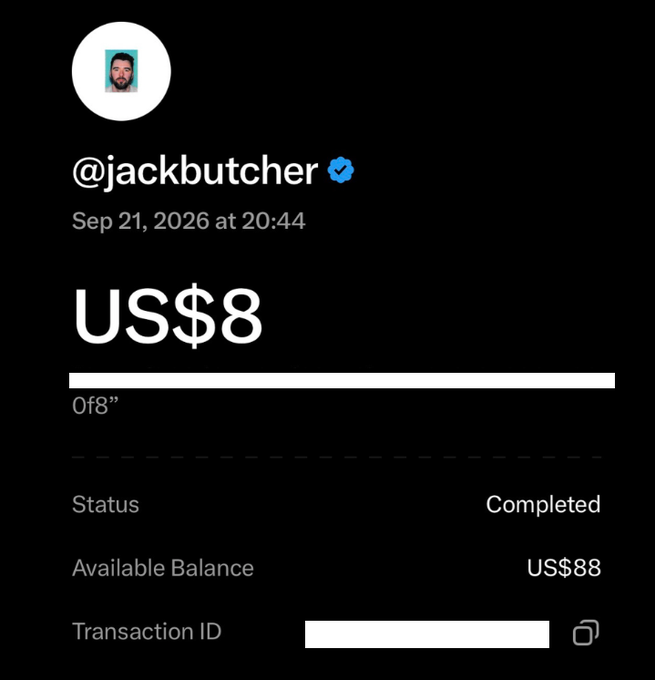 The image shows @jackbutcher's X post from September 21, 2026, displaying a completed transaction of US$8 with an available balance of US$88. It serves as proof of payment for a giveaway tied to a contest celebrating reaching 3,000 followers, where participants could win spots to Butcher's Open Edition NFT drop.