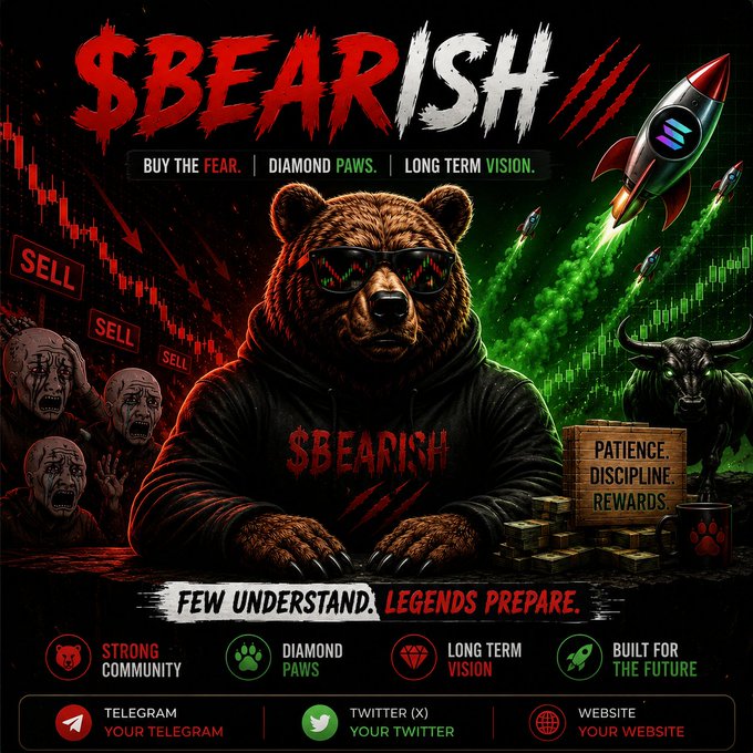 A promotional graphic for the "$BEARISH" cryptocurrency project features an anthropomorphic bear wearing sunglasses and a branded hoodie, surrounded by red "SELL" signs, distressed faces, and green rocket ships symbolizing bullish reversal, alongside tagline text reading "BUY THE FEAR. DIAMOND PAWS. LONG TERM VISION." and "FEW UNDERSTAND. LEGENDS PREPARE." The visual reinforces the post's message of contrarian early investment by depicting fear-driven selling while positioning BEARISH as a community-driven, long-term opportunity built for future growth.