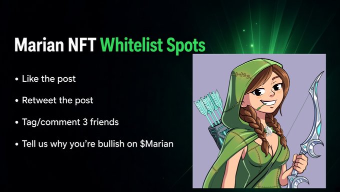 A promotional graphic titled "Marian NFT Whitelist Spots" lists participation requirements (like, retweet, tag 3 friends, and explain bullishness on $Marian) next to an illustration of a hooded archer character, advertising 300 whitelist spots for the upcoming Marian NFT collection.