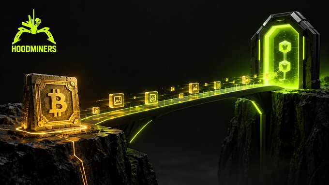 A glowing green "HOODMINERS" logo and Bitcoin symbol flank a futuristic bridge connecting golden blockchain tokens to a high-tech archway, visually representing the project's new Ordinals Bridge that links the Robinhood Chain ecosystem with Bitcoin Ordinals.